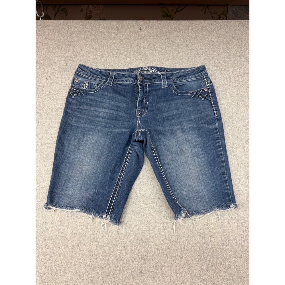 Paisley Sky Denim Bermuda Shorts Size 14 Blue Frayed Hem Contrast Stitch Studded